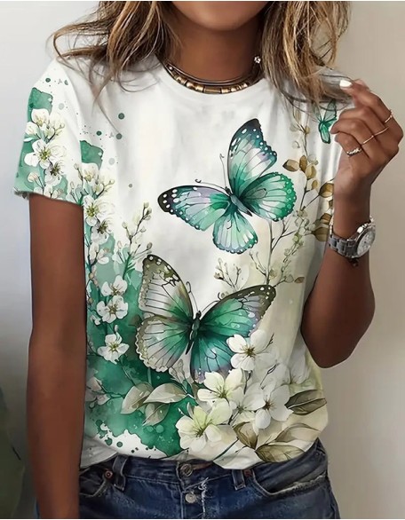 Women's Daily Butterfly Print T Shirt Casual Short Sleeve Round Neck Regular Tops