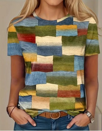Women's Fun Square Pattern T Shirt Casual Short Sleeve Top