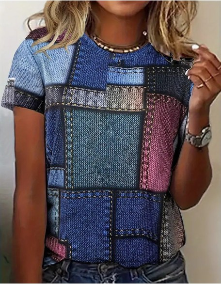 Women's Fun Square Pattern T Shirt Casual Short Sleeve Top
