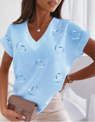 Women's Print T Shirt With Heart Shaped V Neck Cotton Blend Casual Short Sleeves