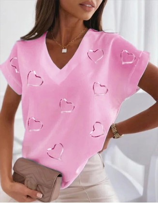 Women's Print T Shirt With Heart Shaped V Neck Cotton Blend Casual Short Sleeves