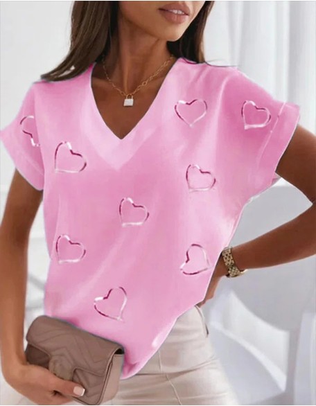 Women's Print T Shirt With Heart Shaped V Neck Cotton Blend Casual Short Sleeves