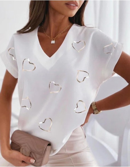 Women's Print T Shirt With Heart Shaped V Neck Cotton Blend Casual Short Sleeves