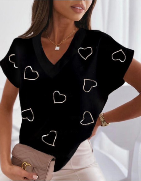 Women's Print T Shirt With Heart Shaped V Neck Cotton Blend Casual Short Sleeves