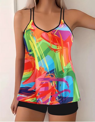 Women's Print Tankinis Split High Waisted Swimsuit