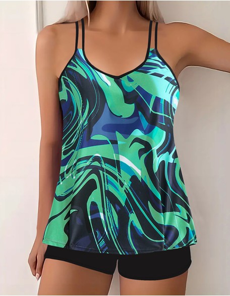 Women's Print Tankinis Split High Waisted Swimsuit