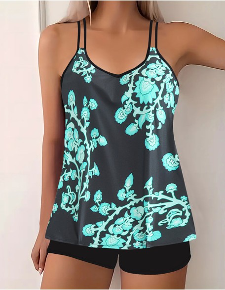 Women's Print Tankinis Split High Waisted Swimsuit