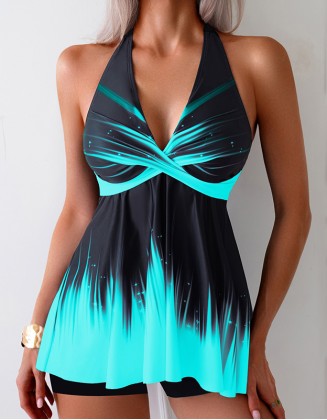 Women's Split Tankini Chest Pad Lace Up Print Conservative V Neck Backless Swimsuit