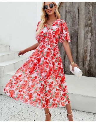Women's Sundress Summer Dress Graphic Paisley Button Print V Neck Puff Sleeve Long Dress Maxi Dress