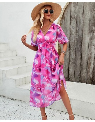 Women's Sundress Summer Dress Graphic Paisley Button Print V Neck Puff Sleeve Long Dress Maxi Dress