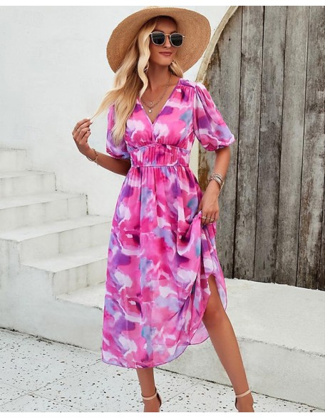 Women's Swing Long Maxi Dress Short Sleeve Floral Cold Shoulder Romantic Vacation Summer Dress