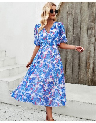 Women's Sundress Summer Dress Graphic Paisley Button Print V Neck Puff Sleeve Long Dress Maxi Dress