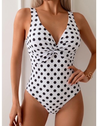 Women's Swimwear One Piece High Waist Vacation Beach Wear Polka Dot V Neck Sleeveless Bathing Suits