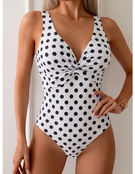 Women's Swimwear One Piece High Waist Vacation Beach Wear Polka Dot V Neck Sleeveless Bathing Suits