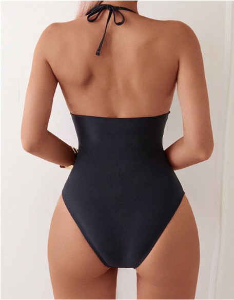 Women's Swimwear One Piece Neck Strap Solid Color V Neck Sleeveless Mesh Stitching Bikini