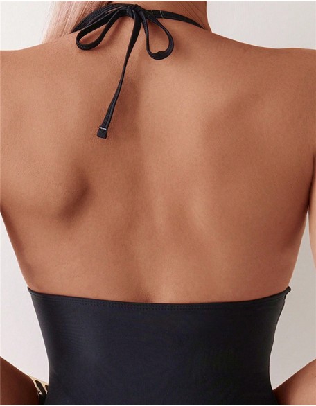 Women's Swimwear One Piece Neck Strap Solid Color V Neck Sleeveless Mesh Stitching Bikini