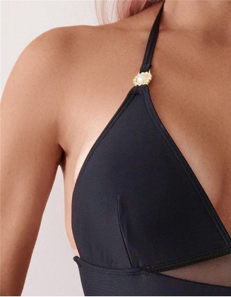 Women's Swimwear One Piece Neck Strap Solid Color V Neck Sleeveless Mesh Stitching Bikini