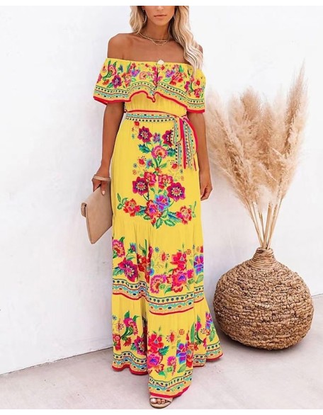 Women's Swing Long Maxi Dress Short Sleeve Floral Cold Shoulder Romantic Vacation Summer Dress