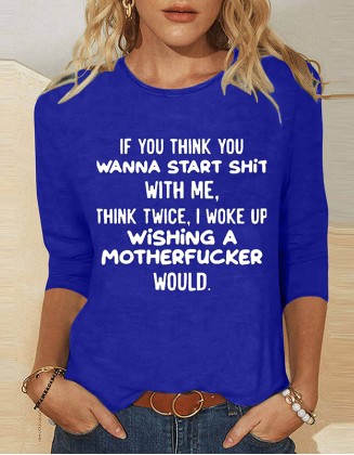 Women's Text Printed Cropped Sleeve T-Shirt Daily Weekend Basic Round Neck Shirt