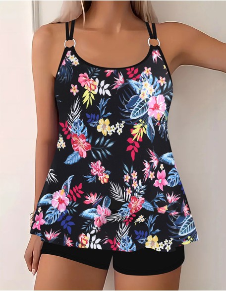 Women's Vintage Digital Print Split Boxer Tankinis Backless Slim U Neck Sleeveless Swimsuit