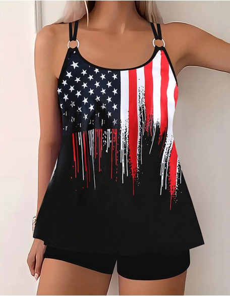 Women's Vintage Digital Print Split Boxer Tankinis Backless Slim U Neck Sleeveless Swimsuit