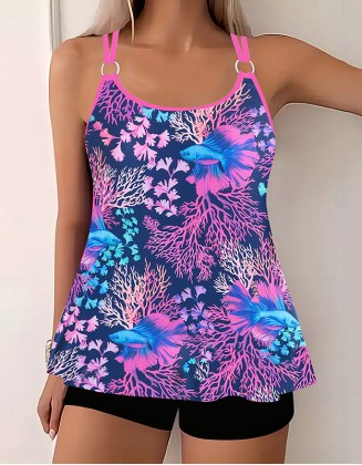 Women's Vintage Digital Print Split Boxer Tankinis Backless Slim U Neck Sleeveless Swimsuit
