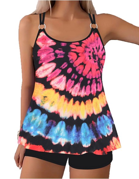 Women's Vintage Digital Print Split Boxer Tankinis Backless Slim U Neck Sleeveless Swimsuit