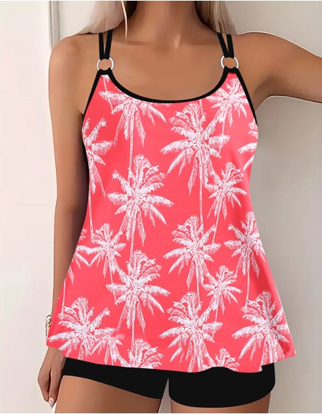 Women's Vintage Digital Print Split Boxer Tankinis Backless Slim U Neck Sleeveless Swimsuit