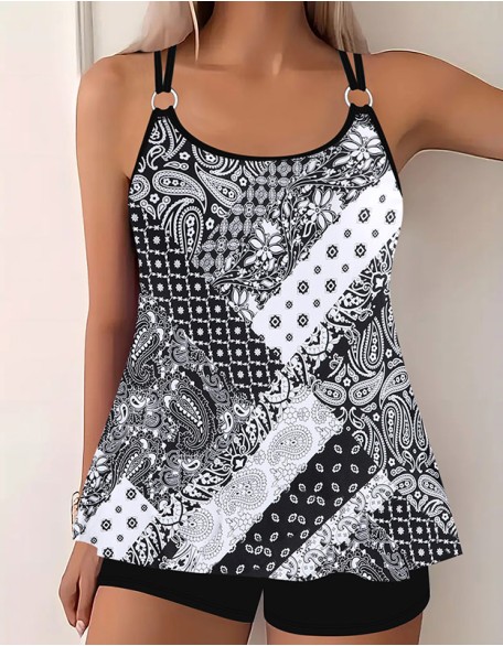 Women's Vintage Digital Print Split Boxer Tankinis Backless Slim U Neck Sleeveless Swimsuit