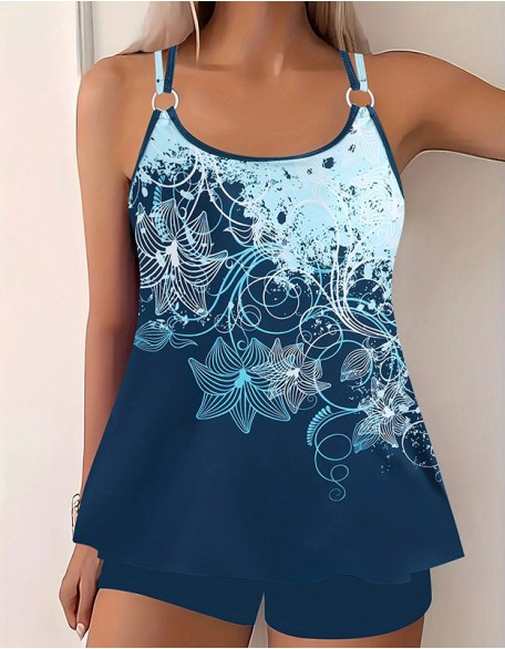 Women's Vintage Digital Print Split Boxer Tankinis Backless Slim U Neck Sleeveless Swimsuit