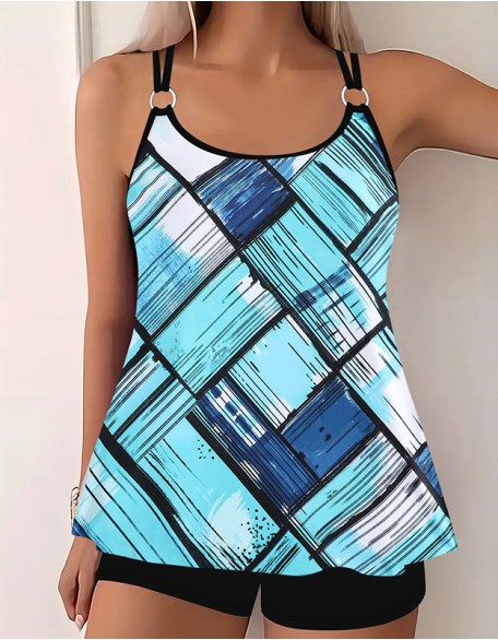 Women's Vintage Digital Print Split Boxer Tankinis Backless Slim U Neck Sleeveless Swimsuit