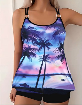 Women's Vintage Digital Print Split Boxer Tankinis Backless Slim U Neck Sleeveless Swimsuit